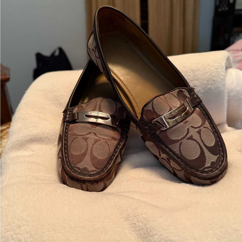 Coach Brown Flats with Monogram Pattern and Metallic Detail